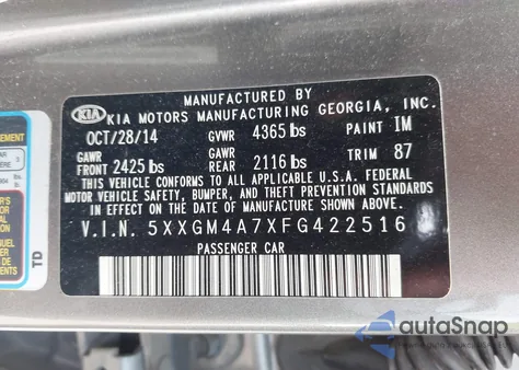 2015 Kia Optima Lx z USA, uszkodzony, nr VIN 5XXGM4A7XFG422516